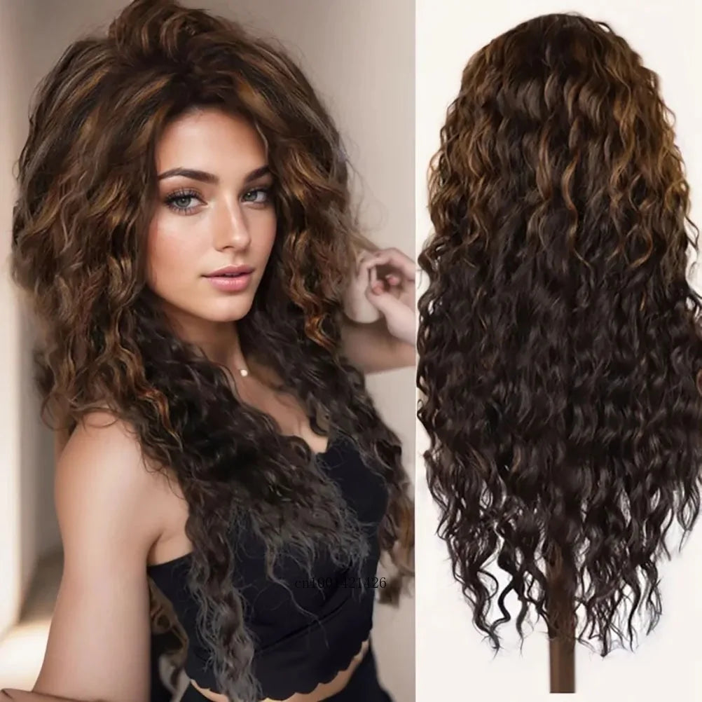 sengpan Synthetic Long Wave Cur Wigs Female Natural Brown Wig with Clip Free Part Side Bangs 80s Curly Wigs for Women Ombre Wig