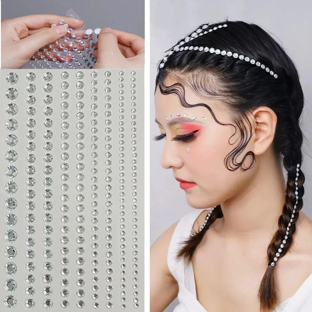 sengpan Pearl Eyebrow Face Diamond Stickers Self Adhesive 3D Face Pearl Jewels Adhesive Hair Rhinestone Decoration Long Rhinestone Strip