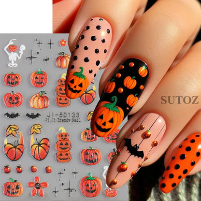 sengpan 5D Embossed Ghost Nail Art Stickers Halloween Cartoon Pumpkin Skull Nail Decals Spider Web Daisy Sliders For Manicure NTJI-5D131