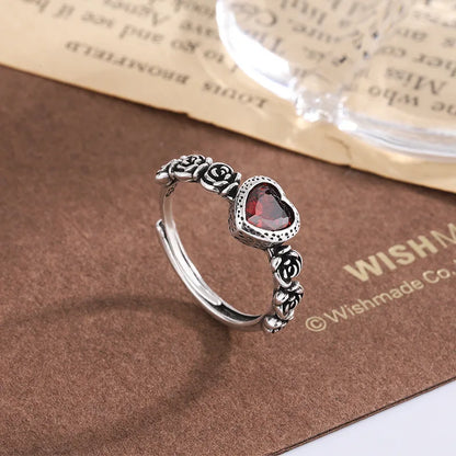 sengpan  Silver Rings For Women Men Red Heart Simple Trendy Retro Adjustable Anillos Party Gifts Fine Accessories