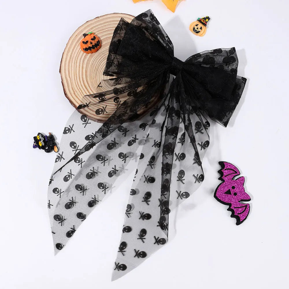 sengpan Fashion Halloween Spider Hair Clips Women Satin Large Bow Hairpin Bone Printing Long Tail Headwear Ladies Ponytail Clip Headwear