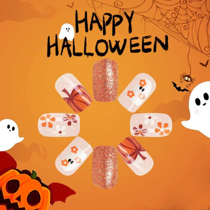 sengpan 24pcs Cute Ghost&Pumpkin Halloween Press-On Nails-Glossy Short Square Fake Nails with Festive Designs False Nail for Women/Girls