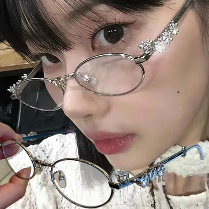 sengpan Women's Punk Retro Silver Anti Blue Light Eyewear Rhinestone Stainless Steel Oval Frame Glasses Girl Reading Seaside Spectacles