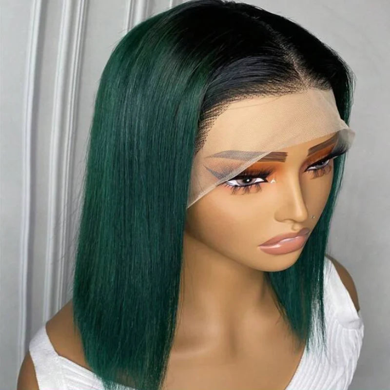 sengpan Soft 180Density Short Bob Ombre Green Glueless Straight Lace Front Wig For Black Women BabyHair Preplucked Daily Cosplay