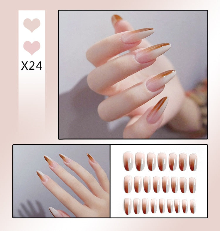 sengpan 24Pcs French With Drill Short Fake Nails Press On Nail Tips Artificial Full Cover Cute Bow Wearing False Nails Art Free Shipping