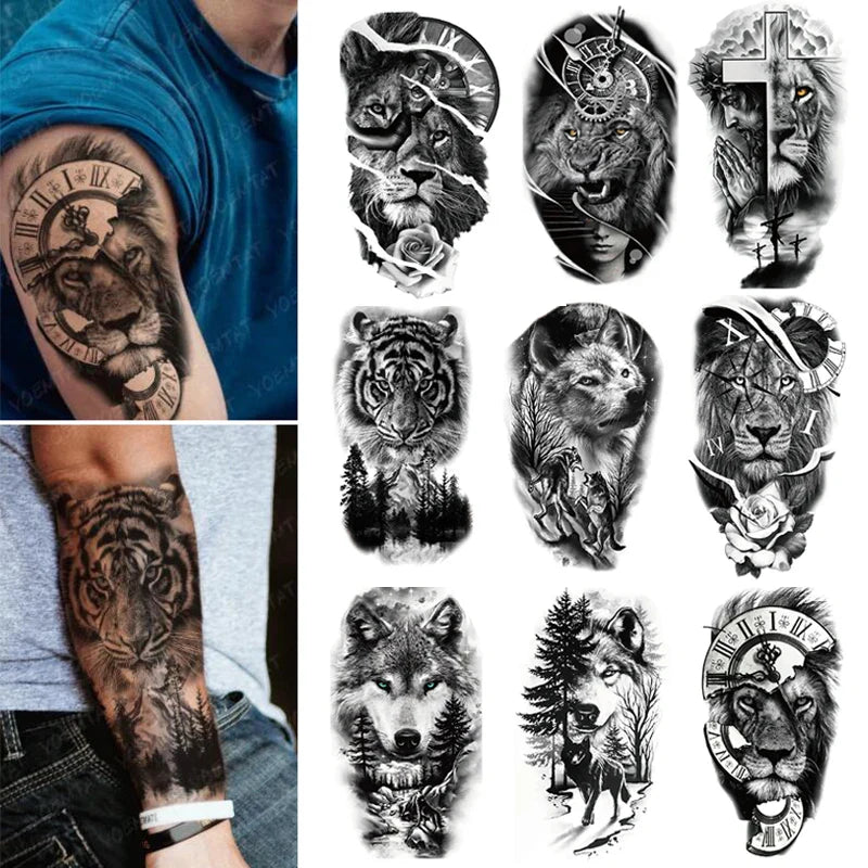 sengpan Large Arm Sleeve Tattoo Lion Tiger Black Waterproof Temporary Tatoo Sticker Wild Wolf Tiger Men Full Skull Totem Fake Tattoos