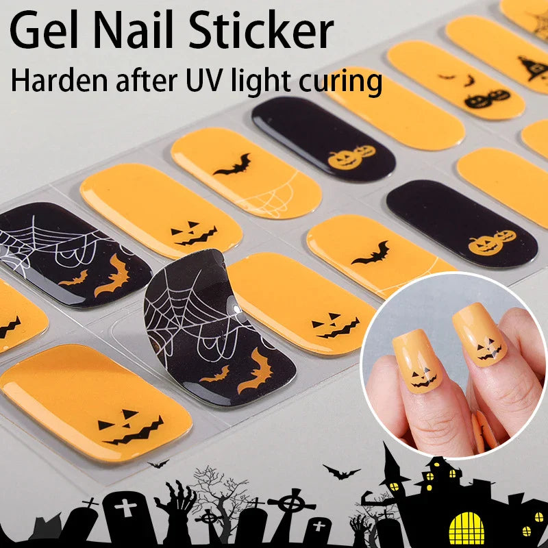 Lianfudai 2024 Halloween Semi-cured UV Gel Nail Stickers Pumpkin Skull Full Cover Gel For UV Lamp Gel Nail Strips Press On Nail Decal