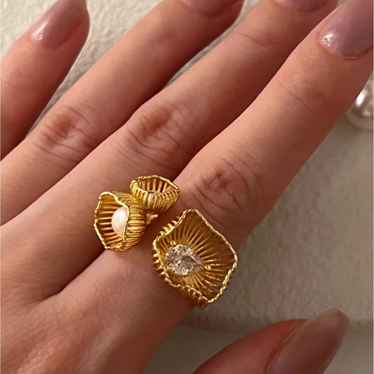 sengpan 925 Sterling Silver Rings Gold Color Pearl  Vintage Couples Creative Wings Design Thai Silver Party Jewelry Birthday Gifts