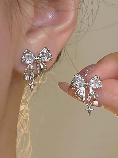 sengpan New Fashion Bling White Pink Ziircon Bow Earrings for Women High-end Needle Studs Sweet Elegant Party Jewelry Gifts