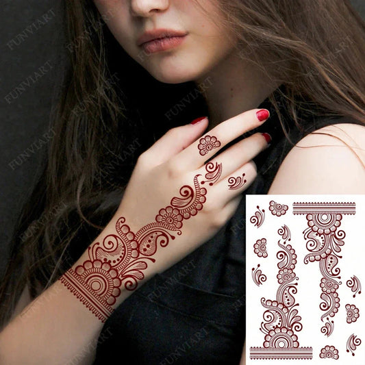 sengpan Maroon Henna Tattoo Stickers for Hand Foot Flower Temporary Tattoos for Wedding Party Brown Fake Tattoo for Women Body Art