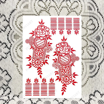 Lianfudai New Design Red Henna Tattoo Stickers for Hand Foot Flower Temporary Tattoos for Woomen Wedding Party Fake Tattoo Waterproof