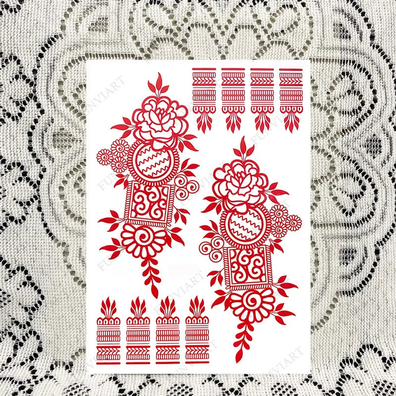 Lianfudai New Design Red Henna Tattoo Stickers for Hand Foot Flower Temporary Tattoos for Woomen Wedding Party Fake Tattoo Waterproof