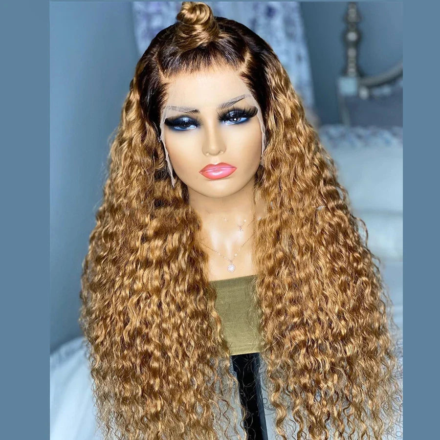 sengpan Soft 26"Long Ombre Honey Blonde Preplucked 180Density Glueless Kinky Curly Lace Front Wig For Black Women BabyHair Daily Cosplay