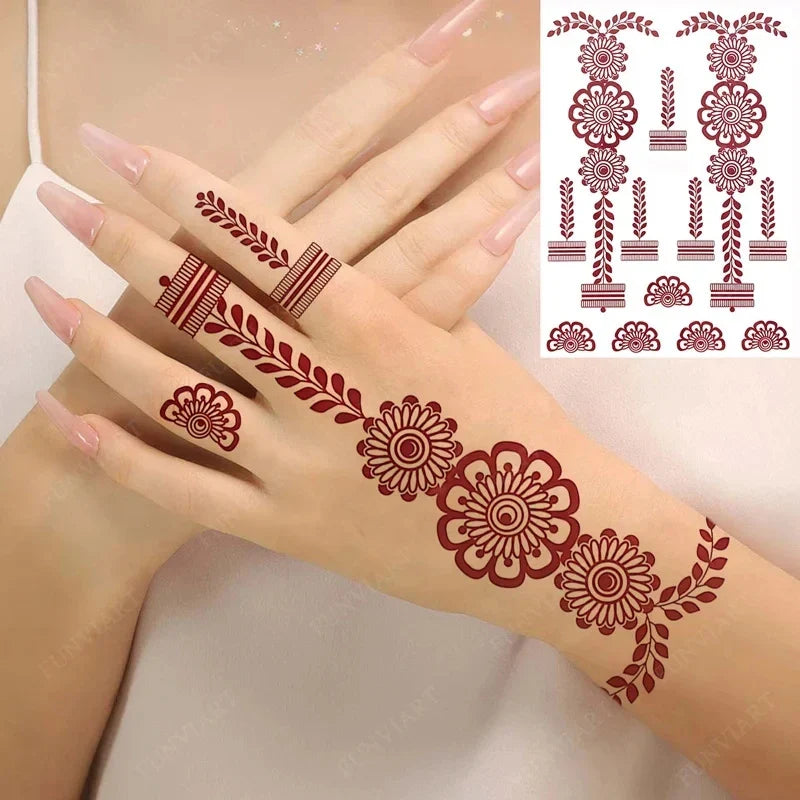 sengpan Maroon Henna Tattoo Stickers for Hand Foot Flower Temporary Tattoos for Wedding Party Brown Fake Tattoo for Women Body Art