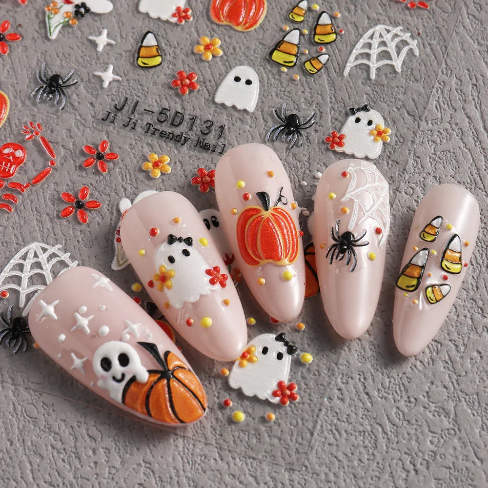 sengpan 5D Embossed Ghost Nail Art Stickers Halloween Cartoon Pumpkin Skull Nail Decals Spider Web Daisy Sliders For Manicure NTJI-5D131