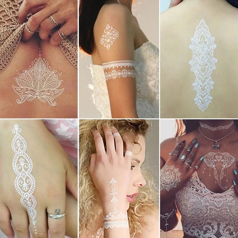 sengpan Sexy Mandala Henna Tattoo White Lace Jewelry Indian Hand Temporary Tattoo Sticker Waterproof Tatoo for Bride Wedding Body Art