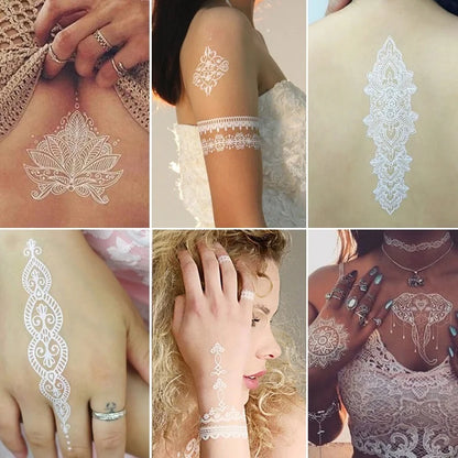 sengpan Sexy Mandala Henna Tattoo White Lace Jewelry Indian Hand Temporary Tattoo Sticker Waterproof Tatoo for Bride Wedding Body Art