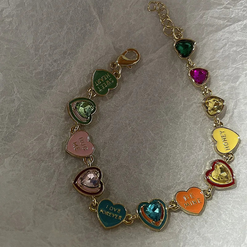 Lianfudai Fashion Color Love Drop Oil Enamel Bracelet Female INS New Design Cute Heart Candy Color Bracelet