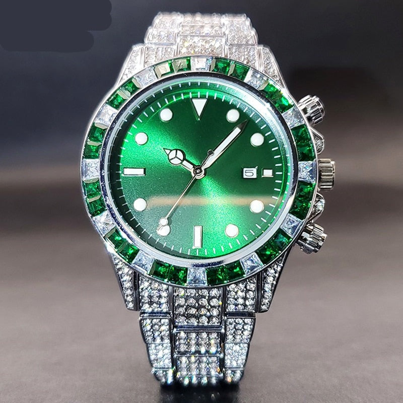 sengpan watches on sale Disaster Prevention Jewelry Watch For Men Classic AAA Iced Diamond Watches With Green Baguette Bezel Luminous Waterproof Clock Luxury Gifts For Men FREE SHIPPING