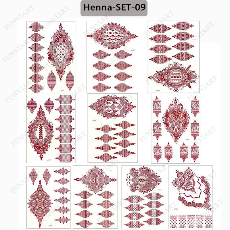 sengpan 9Pcs Brown Henna Temporary Tattoos for Women Henna Tattoo Sticker for Hand Body Art Moroccan Mehndi Design Tattoo Fake Hena