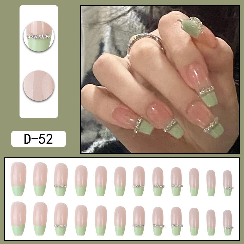 sengpan 24Pcs/Set Press On Fake Nails Green Wearing Reusable False Nails Art Girls Ballerina Coffin Nail With Glue Full Cover Artificial