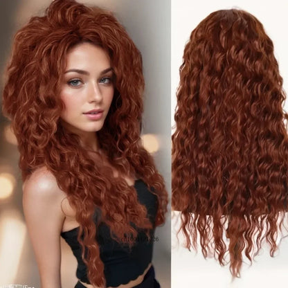 sengpan Synthetic Long Wave Cur Wigs Female Natural Brown Wig with Clip Free Part Side Bangs 80s Curly Wigs for Women Ombre Wig