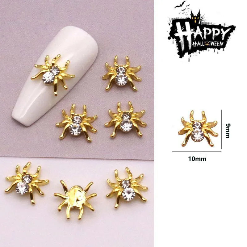 sengpan 10pcs/Pack Metal Halloween Collection Nail Art Decorations Pumpkin Skeleton Spider Skull Shiny Rhinestone Charm Nail Accessories