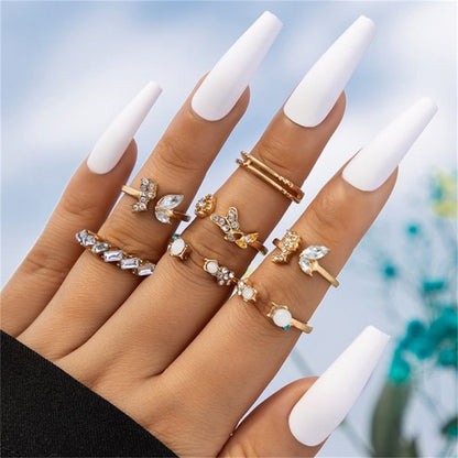 sengpan Bohemian Gold Color Butterfly Rings Set For Women Fashion Shiny Crystal Geometric Flower Knuckle Finger Ring Jewelry Adjustable