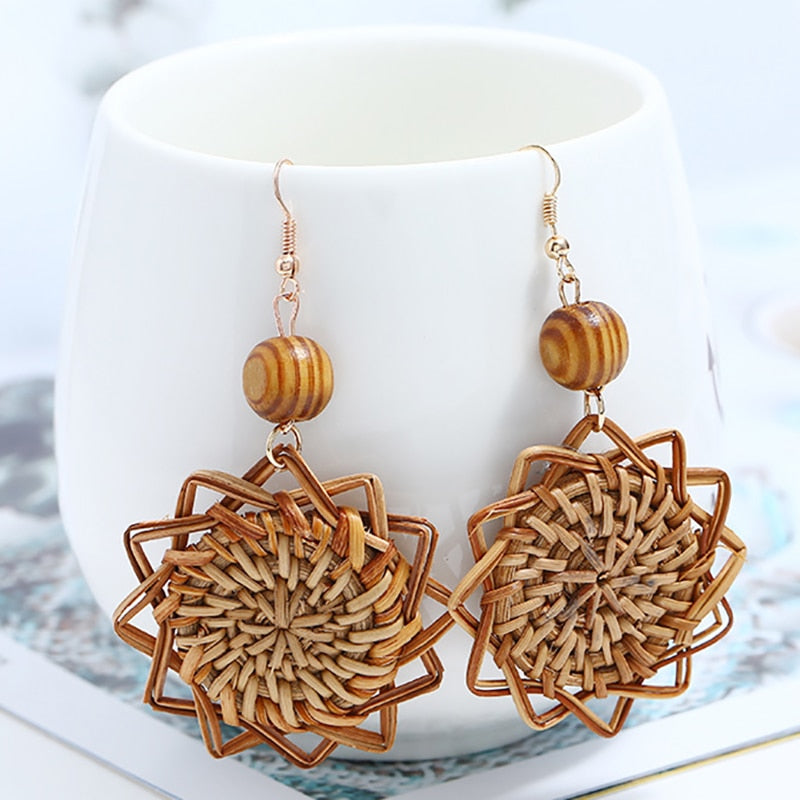 sengpan Multiple 27 Style Korea Handmade Wooden Straw Weave Rattan Vine Braid Drop Earrings New Fashion Geometric Long Earrings