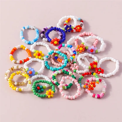 sengpan Korean Colorful Small Flower Ring Sets Bohemia Handmade Multi Beaded Rice Beads Finger Ring For Women Beach Jewelry Gifts