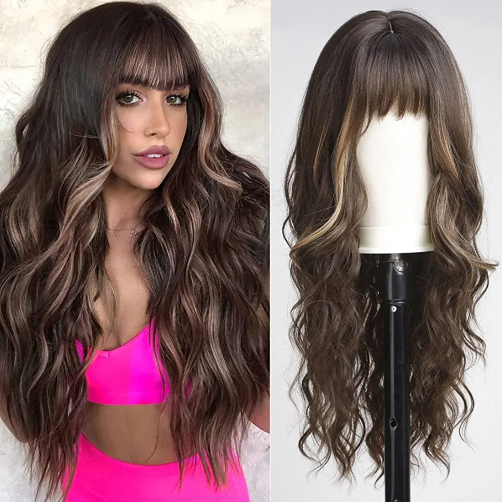 sengpan  Brown Highlight Long Wave Wigs for Women Synthetic Wig with Bangs Ombre Mixed Color Natural Looking Hair for Daily