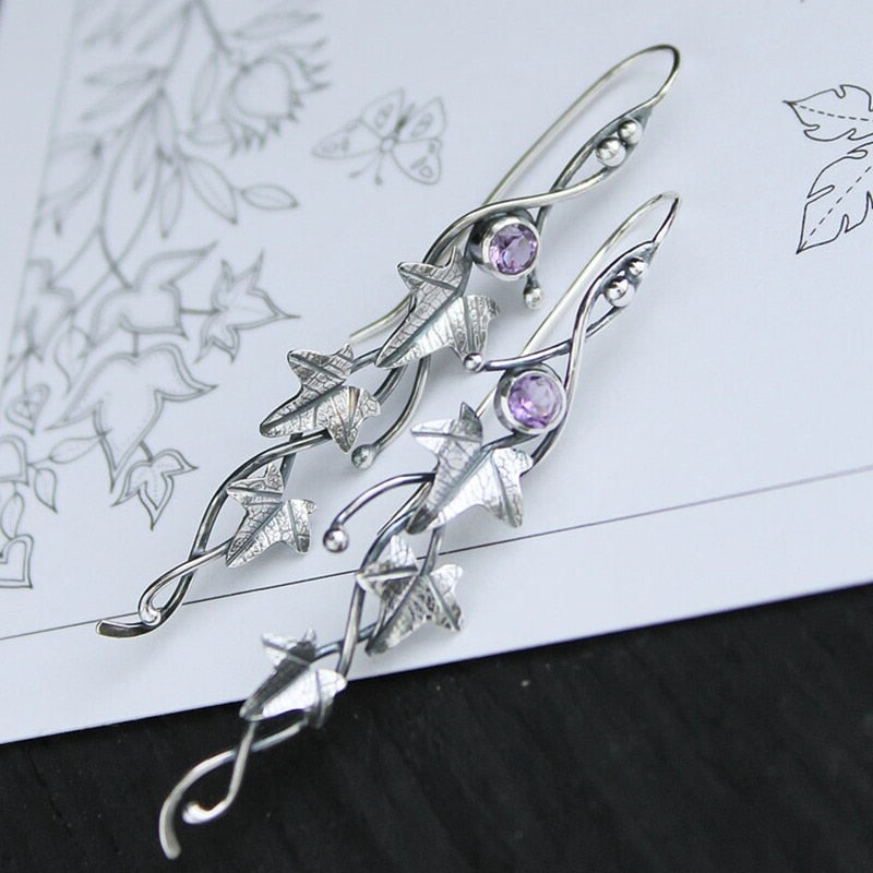 sengpan Silver color earrings Ivy Elven earrings Botanical jewelry Plant earrings Leaf design