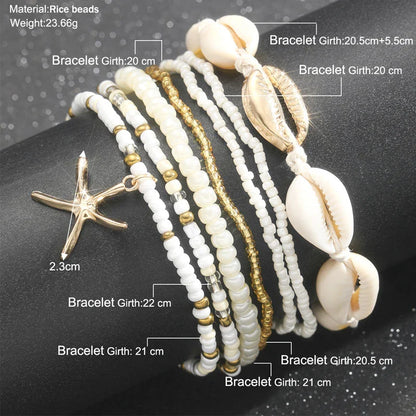 sengpan 7pc/set Bohemian Rice Beads Starfish Pendant Anklet Set Fashion Summer Beach Sea Shell Multilayer Ankle Bracelet On Foot Jewelry