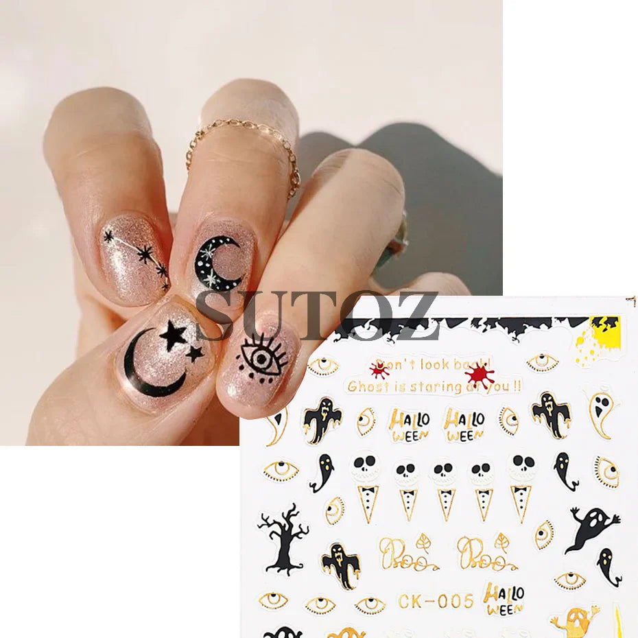 sengpan Embossed 3D Witches Nails Stickers Gold Black Witche Broom Boots Relief Design DIY Halloween Dark Style Manicure Decal CK-007