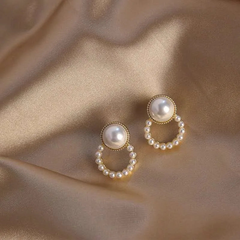 Lianfudai New white boho imitation pearl round circle hoop earrings female gold color big earrings korean jewelry statement earrings