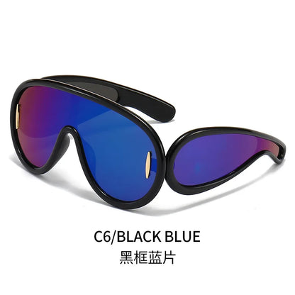 Lianfudai New Fashion One Piece Big Frame Goggles Oversized Oval Sunglasses Women Men Trendy Hip Hop Sun Glasses