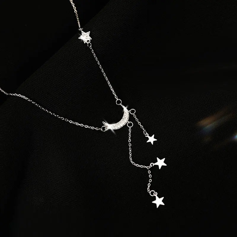 Lianfudai 2024 Exquisite Bling Silver Color Tassel Star Moon Necklace For Women Clavicle Chain Woman Jewelry Birthday Gift Accessories