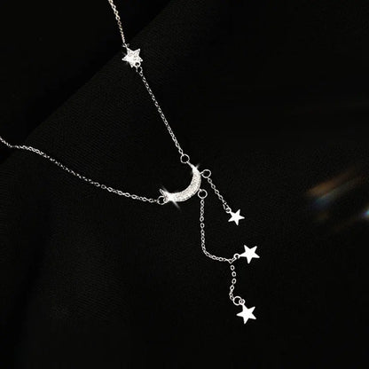 Lianfudai 2024 Exquisite Bling Silver Color Tassel Star Moon Necklace For Women Clavicle Chain Woman Jewelry Birthday Gift Accessories