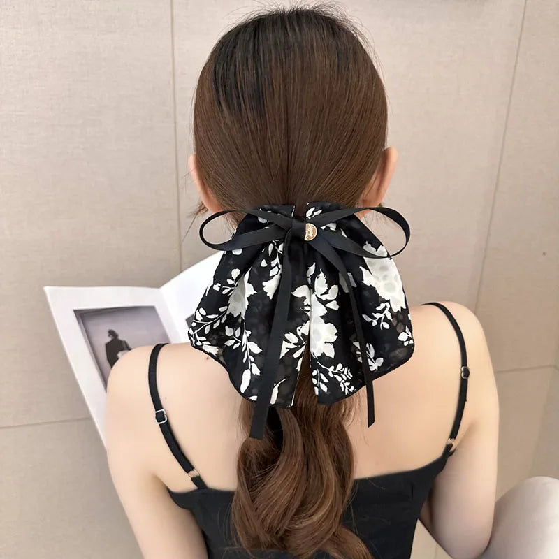 sengpan New Classy Women's Floating Ribbon Bow Ponytail Hair Ring Retro Ink Broken Flower Hairband Headband Girls Hair Accessories Gifts