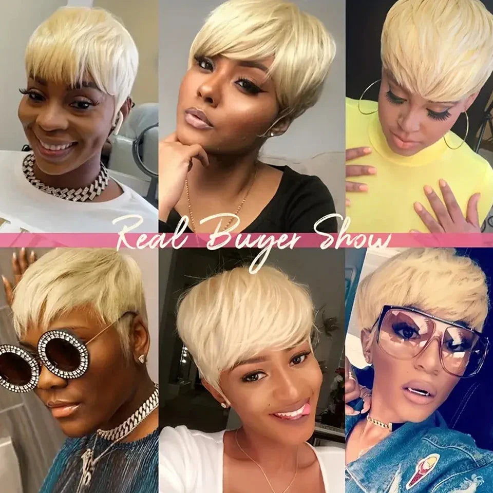 sengpan Short Pixie Cut Straight Hair Wig Brazilian Remy Hair Human Hair Wigs With Bangs 613 Honey Blonde Color Wig Cheap Glueless Wig