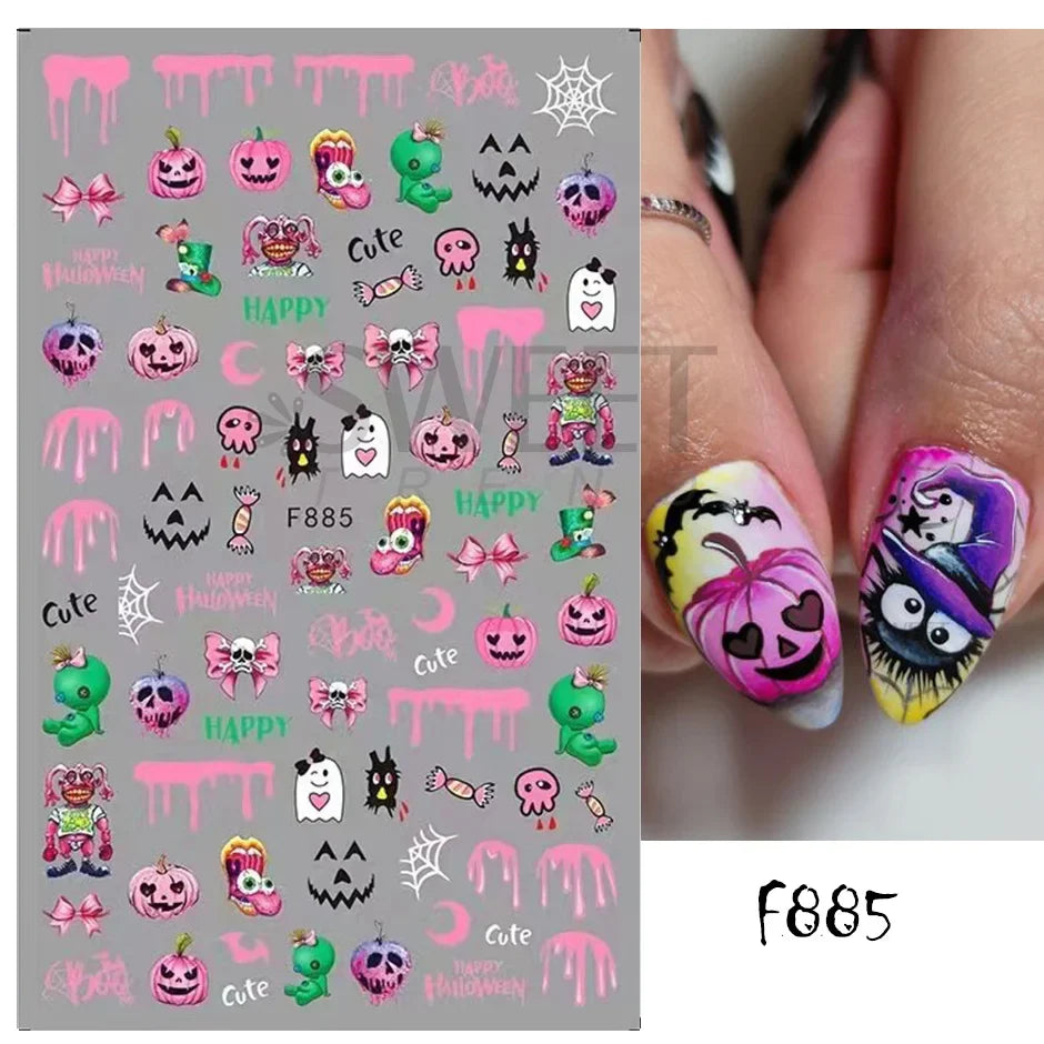 sengpan Cute Halloween Nail Design Sticker Pink Cartoon Skull Pumpkin Spooky 3D Punk Holiday Manicure Slider Nail Art Accessories BEF886