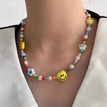 Lianfudai New Korea Summer Lovely Colorful Flowers Daisy Transparent Crystal Beading Strand Short Choker Necklace for Women