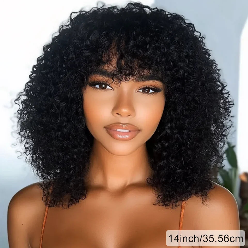 sengpan Big Curly Wig With Bangs Short Human Hair Afro Kinky Curly Wig Brown Color Glueless Full Machine Made Wig 250 Density Brazilian