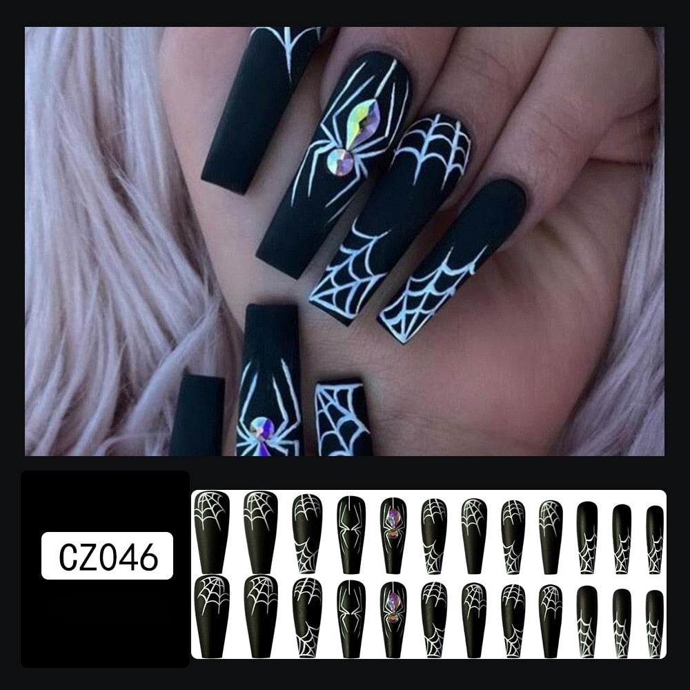 Lovely Funny Halloween Ghost Face Horror Blood Fake Nails Ballerina Matt Spider Web Nail Art Gorgeous Reusable Press on Nails