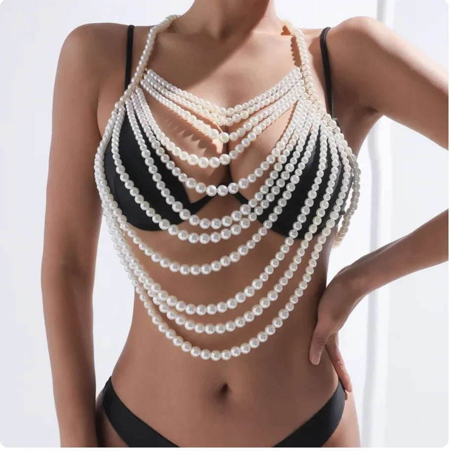 sengpan Pearl Body Chain Jewelry totally hand-made Bra fringed For Women Bridal Wedding Dress Beach Nightclub Pearl Waist chain