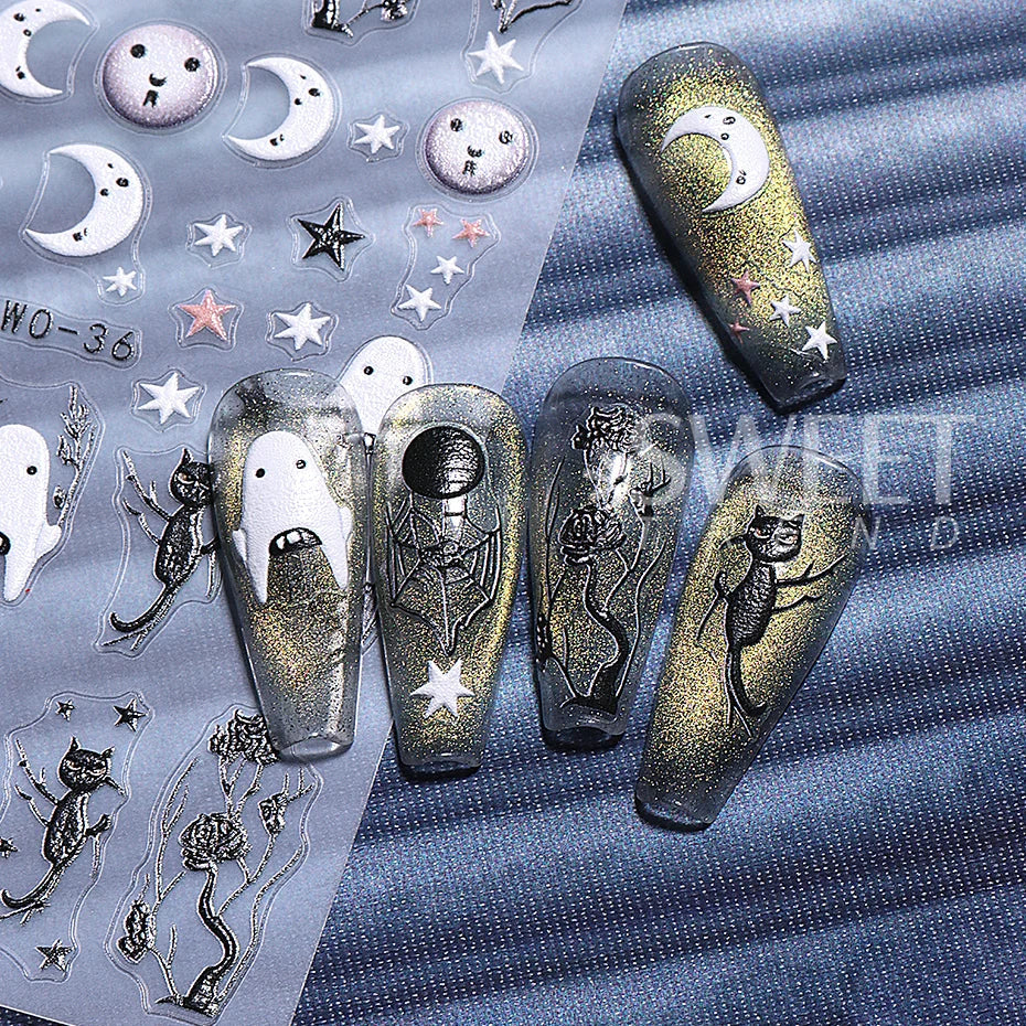 sengpan Cartoon Skull Halloween Nail Art Stickers Pink Bones Ghost Cat Moon Tree Owl Stripes Lines Winter Christmas Manicure Decoration