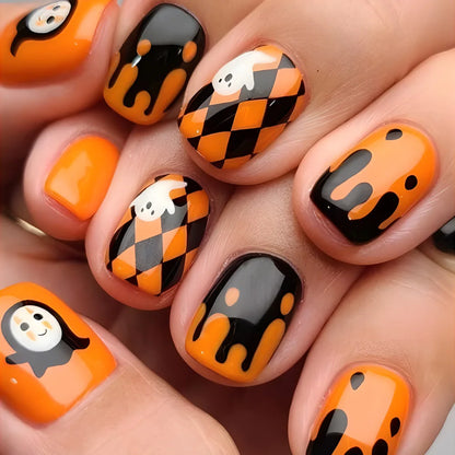 Lianfudai 24pcs Short Halloween Fake Nails Cute Pumpkin Cat Ghost False Nail Patch Full Cover Wearable Fake Nail Tips 2024 Halloween Gifts