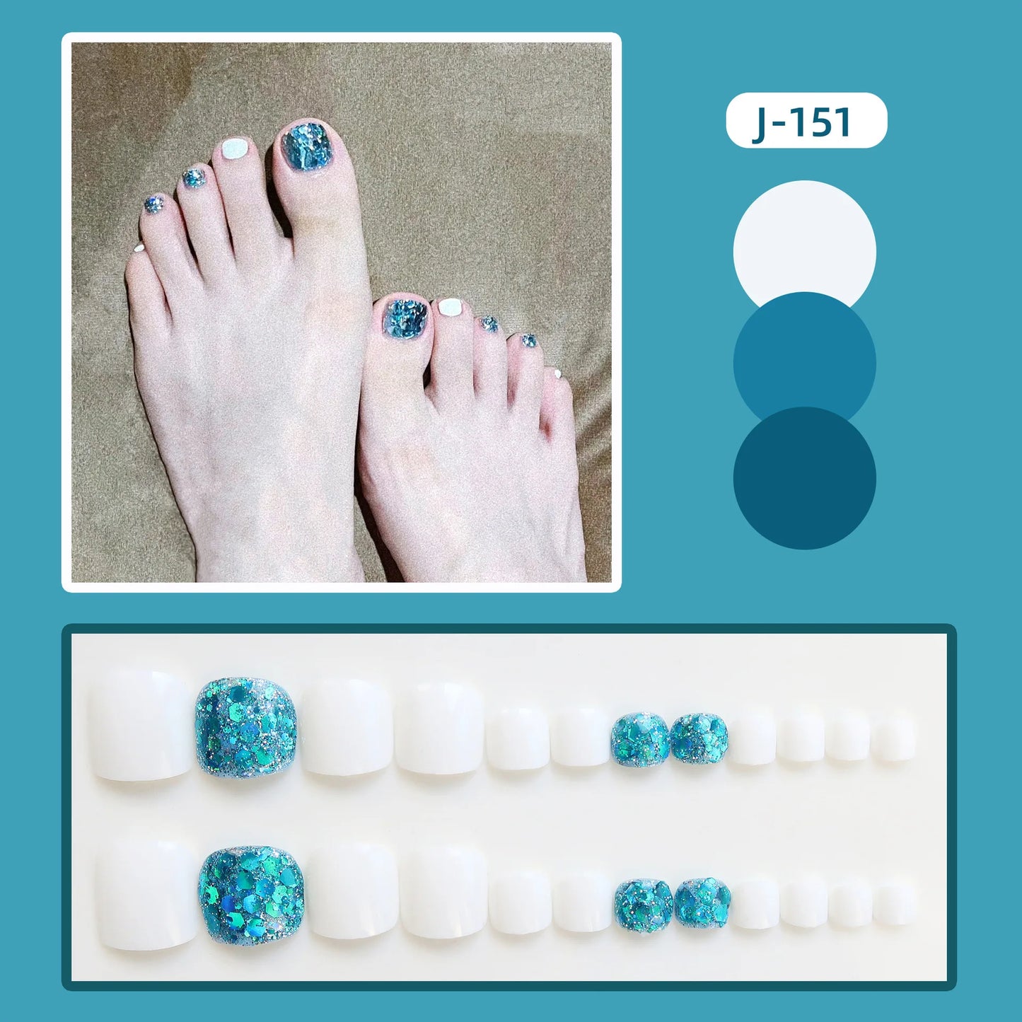 sengpan 24Ps Glossy Lake Blue Press on Toe Nails Artificial Acrylic Fake Toenails Full Coverage Removable Wearable Toe Nail Art Finished