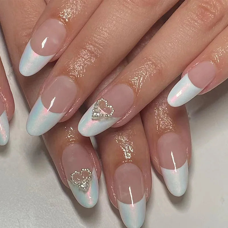 sengpan Simple Stiletto French Fake Nails for Valentine's Day Almond Sweet False Nails with Glue Full Cover Artificial Nails Press On