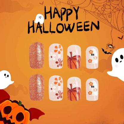 sengpan 24pcs Cute Ghost&Pumpkin Halloween Press-On Nails-Glossy Short Square Fake Nails with Festive Designs False Nail for Women/Girls